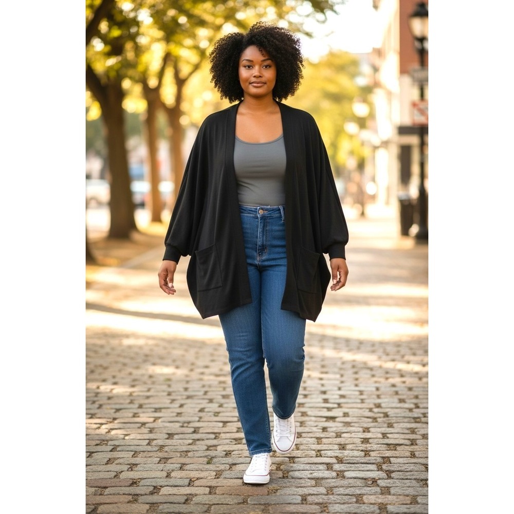 (E-146)Belle by Kim Gravel Black Cardigan Women's Size L Open Front Pockets QVC